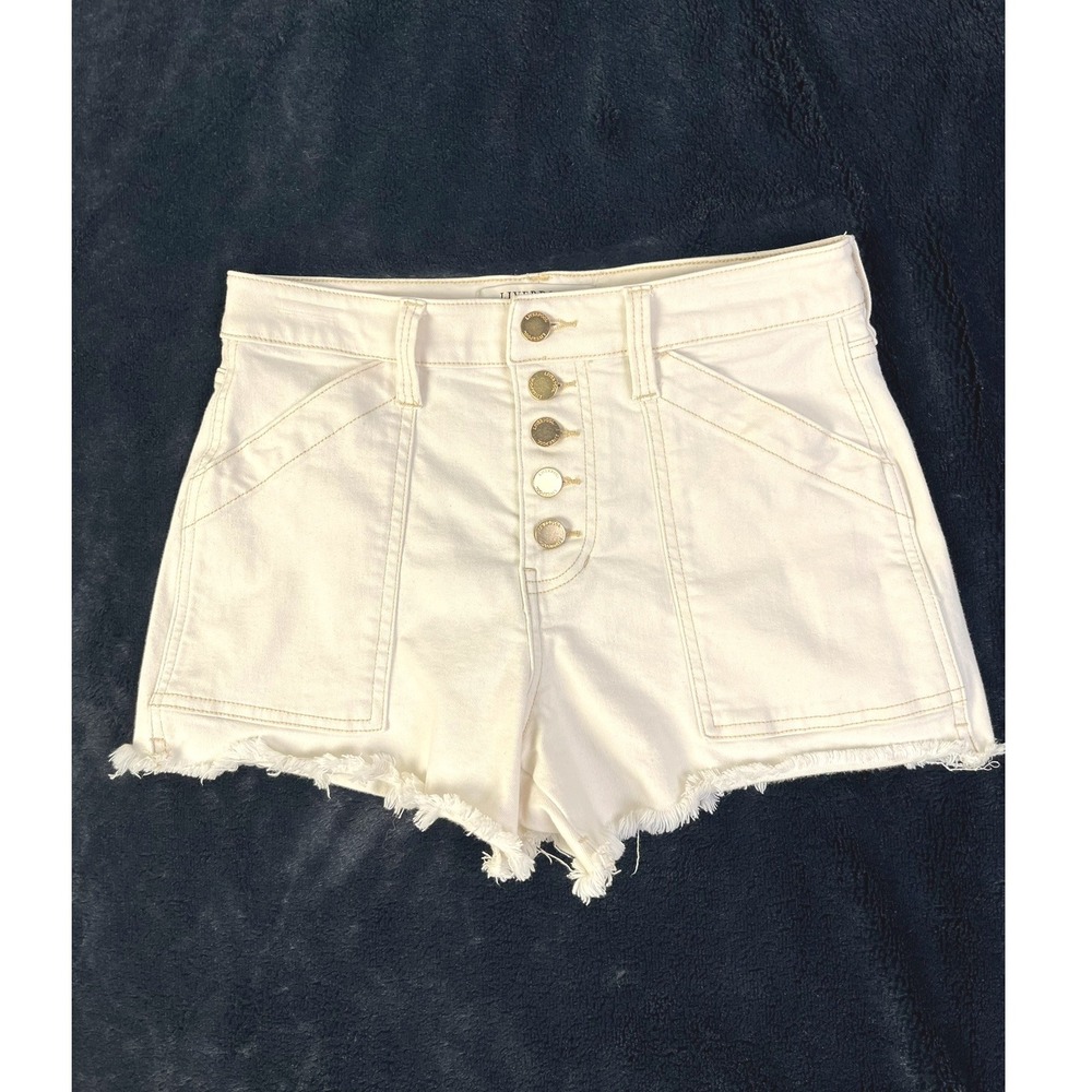 Liverpool Christine Hi-Rise Denim Shorts Frayed Hem Button Fly Cream Beige 2/26